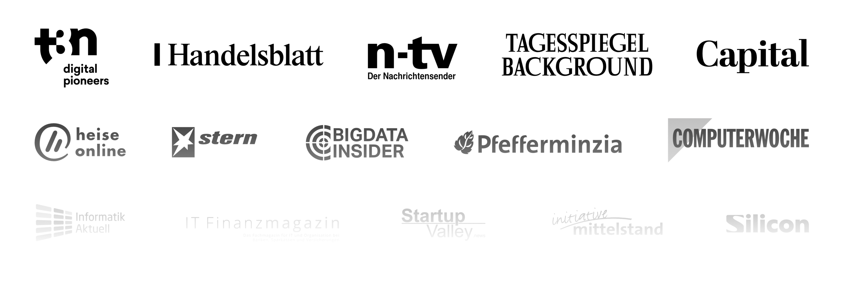 t3n, Handelsblatt, n-tv, Tagesspiegel Background, Capitel, Heise online, stern, BigData Insider, Pfefferminzia, Computerwoche, Informatik aktuell, IT Finanzmagazin, Startup Valley, Silicon